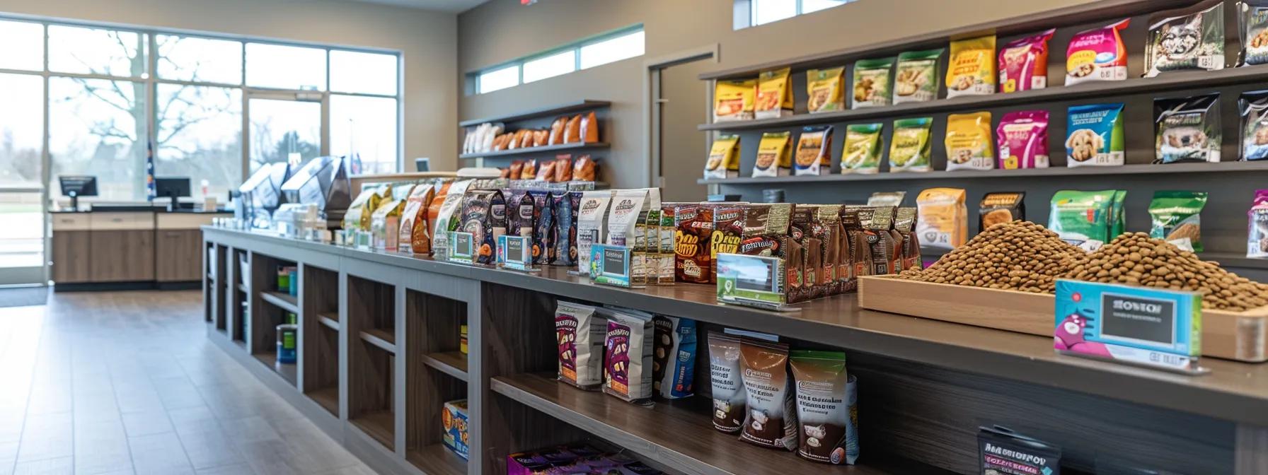 a sleek, modern veterinary clinic interior showcases a variety of premium dog food packages artfully arranged on a polished countertop, highlighting nutritional labels to convey quality and health benefits for pets. a sleek, modern veterinary clinic interior showcases a variety of premium dog food packages artfully arranged on a polished countertop, highlighting nutritional labels to convey quality and health benefits for pets.