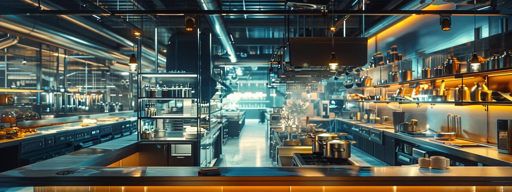 a sleek, modern virtual kitchen bustling with professional chefs, illuminated by vibrant overhead lights, showcases a high-tech environment filled with advanced cooking equipment and digital ordering screens, symbolising the revolutionary impact of virtual kitchens on the food ecosystem.