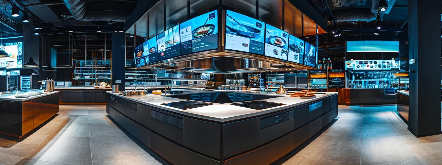 a sleek, modern virtual kitchen hub showcases an array of high-tech cooking stations and digital screens, illuminated by bright, focused led lighting in a contemporary urban setting.
