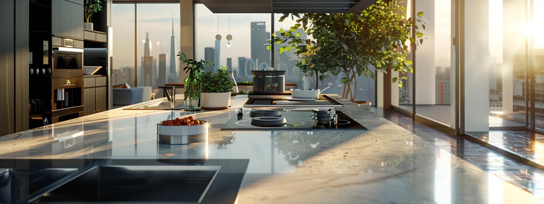 a sleek, modern virtual kitchen set against a polished urban backdrop, featuring high-tech appliances and digital interfaces designed for sustainable cooking and efficient waste management.