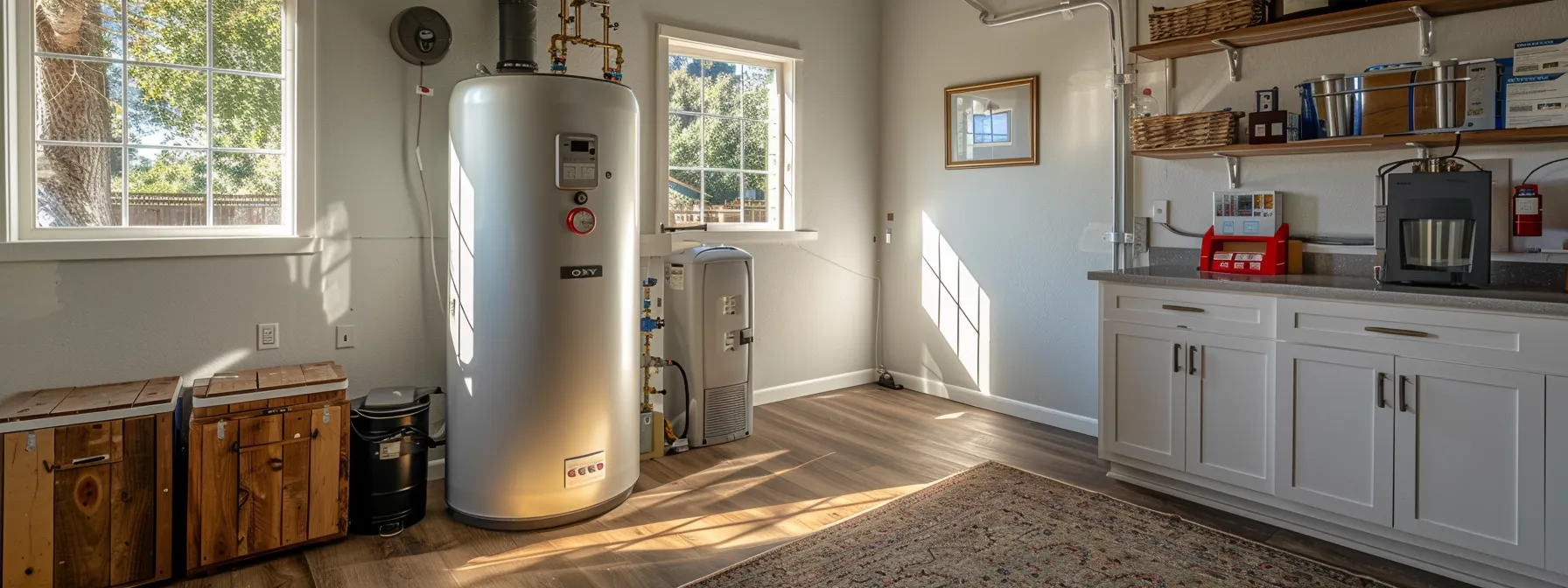 a sleek, modern water heater installation glimmers under bright, natural light in a pristine conejo valley home, showcasing professionalism and efficiency in home energy solutions.