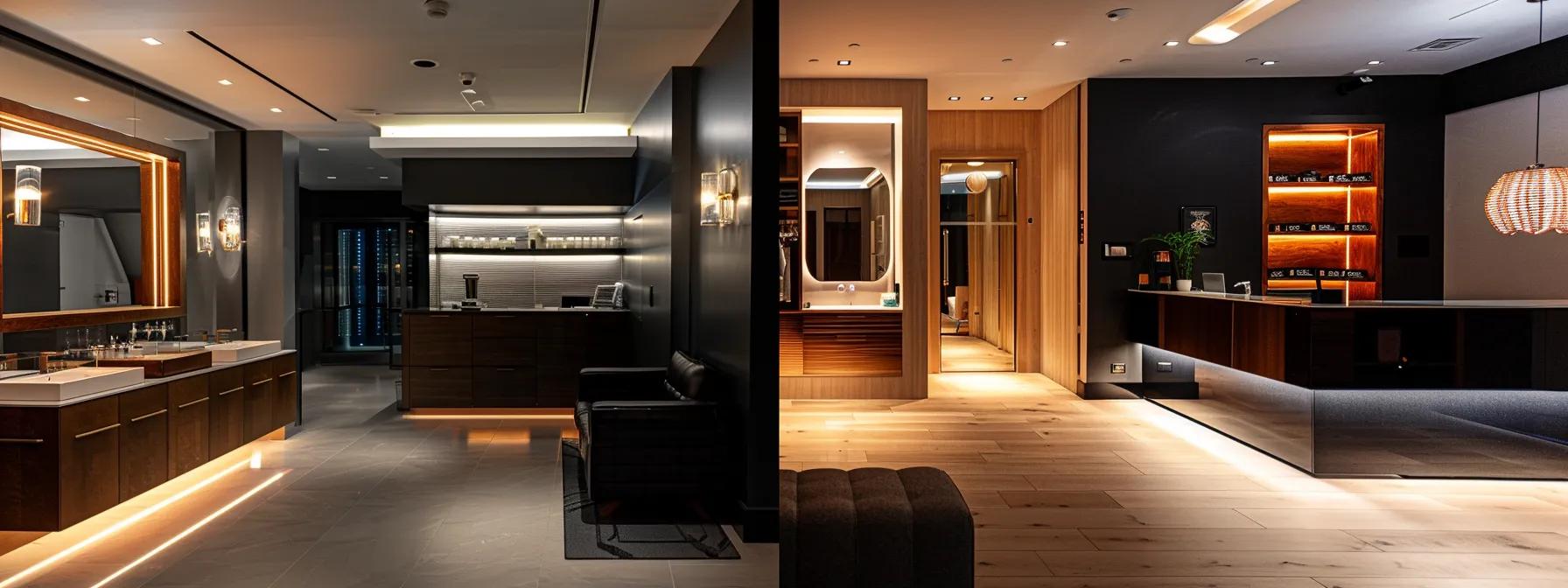 a sleek, modern waxing salon interior, featuring an elegant treatment room with sophisticated equipment and ambient lighting, showcasing a clear contrast against a cozy home waxing setup to highlight the differences in professional versus diy waxing experiences.