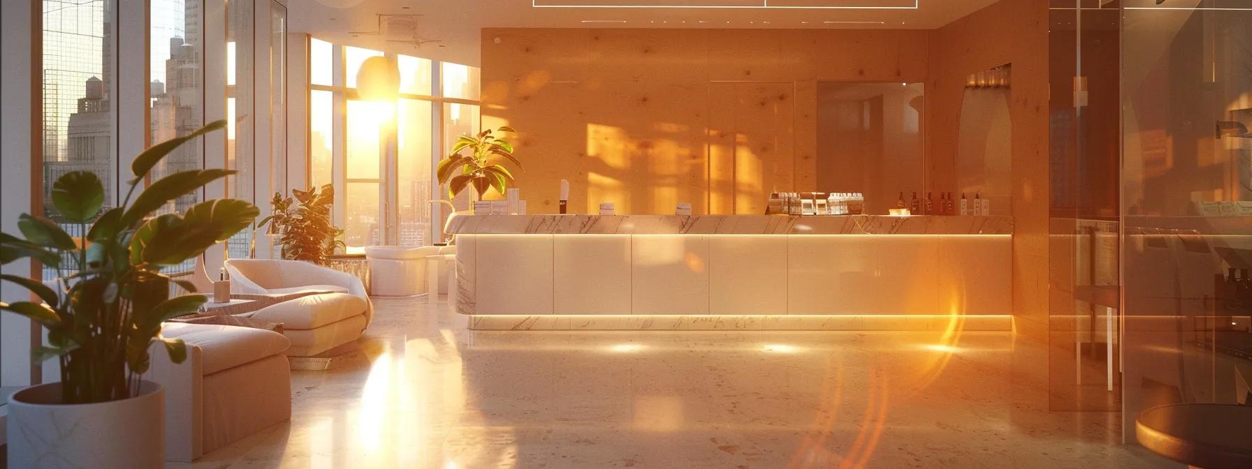 a sleek, modern waxing salon in new york city showcases a professional technician skillfully applying hypoallergenic wax on a client, surrounded by a serene, immaculate environment that emphasizes hygiene and comfort, with warm, ambient lighting enhancing the inviting atmosphere.