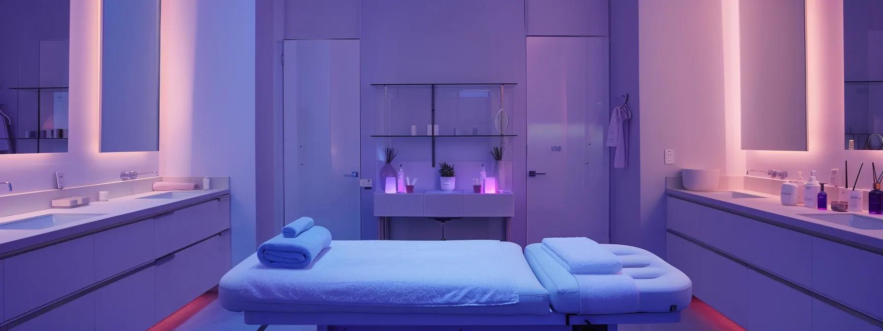 a sleek, modern waxing salon in new york city features a chic interior with ambient lighting, showcasing a pristine treatment room equipped with advanced waxing technology and premium products, emphasizing a refined grooming experience for men.