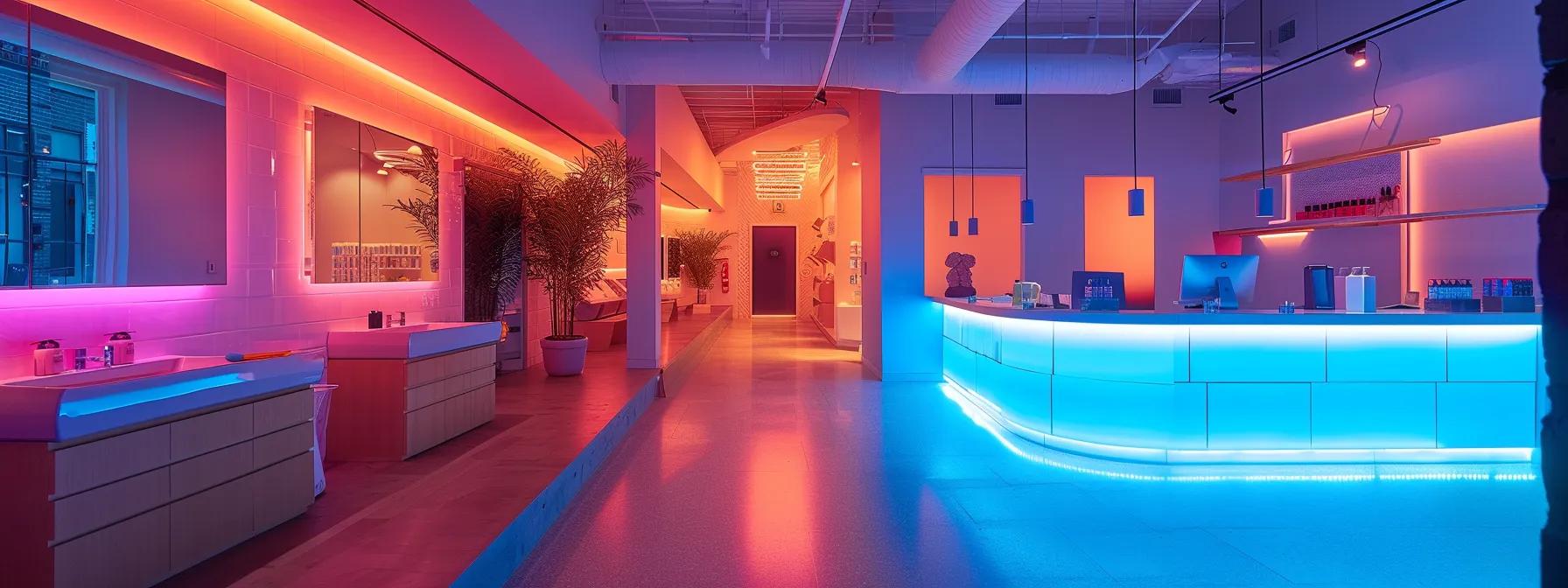 a sleek, modern waxing salon interior in nyc showcases a professional waxing station, illuminated by soft, ambient lighting, highlighting high-quality grooming products and a consultation area designed for personalized client experiences.