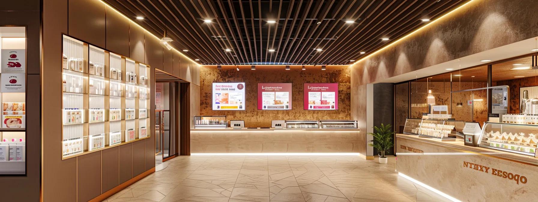 a sleek, modern waxing salon in queens features a stylish reception area with warm, inviting lighting, showcasing professional beauty products and framed client testimonials on the walls, conveying a sense of expertise and commitment to hygiene and customer satisfaction.