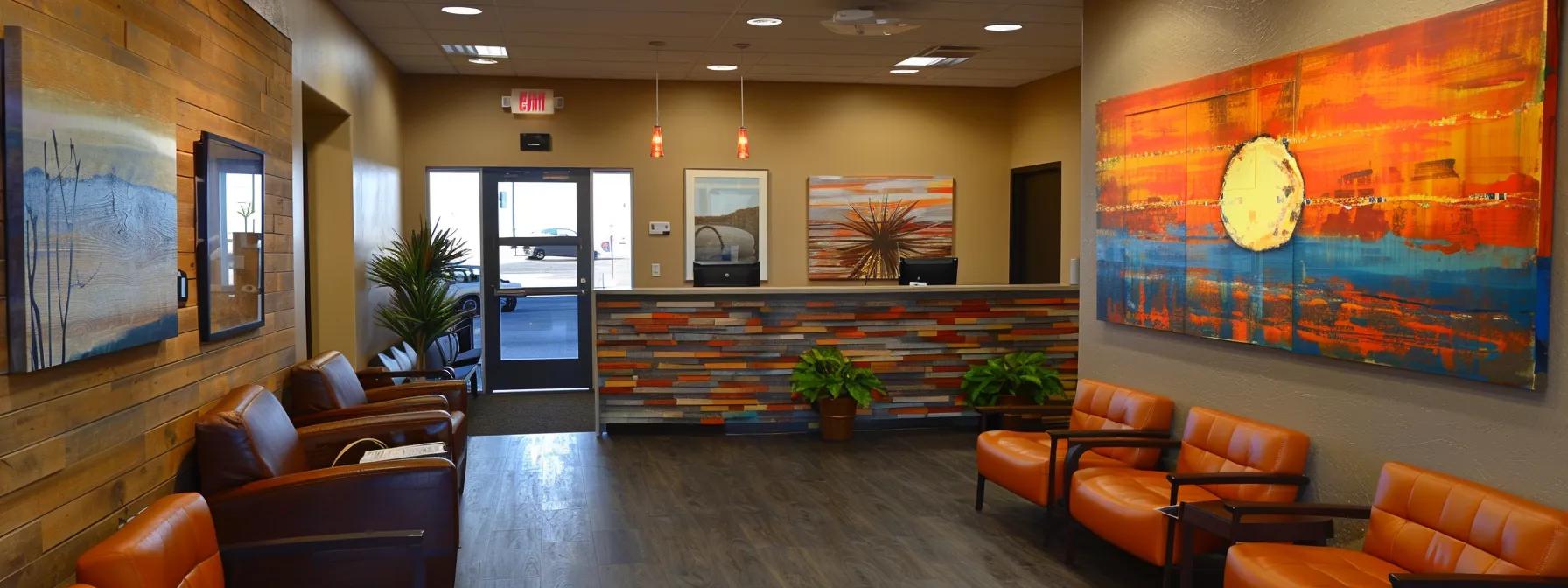 a sleek, modern weight loss clinic reception area in denver, featuring professional staff engaging warmly with clients, complemented by vibrant, motivational visuals on the walls that emphasize health transformation and financial success. a sleek, modern weight loss clinic reception area in denver, featuring professional staff engaging warmly with clients, complemented by vibrant, motivational visuals on the walls that emphasize health transformation and financial success.
