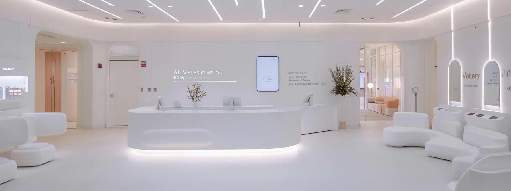 a sleek, modern weight loss clinic reception area in denver, featuring pristine white walls, contemporary furniture, and informational displays highlighting health services, illuminated by soft, ambient lighting.