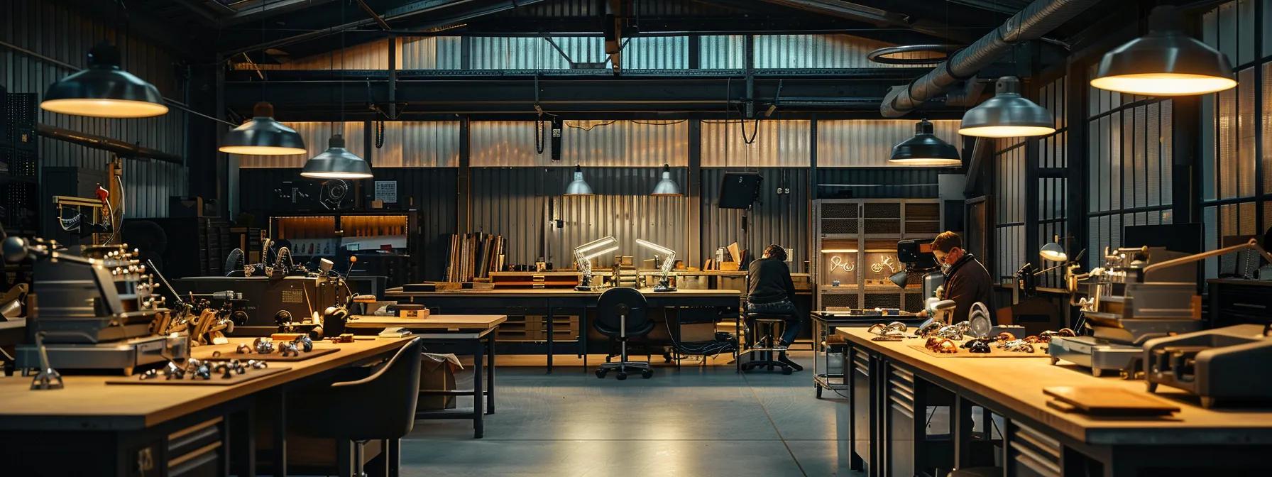 a sleek, modern workshop filled with advanced machinery and artisans meticulously crafting bespoke tungsten rings, illuminated by focused overhead lights, showcasing the intersection of ethical craftsmanship and innovative design. a sleek, modern workshop filled with advanced machinery and artisans meticulously crafting bespoke tungsten rings, illuminated by focused overhead lights, showcasing the intersection of ethical craftsmanship and innovative design.