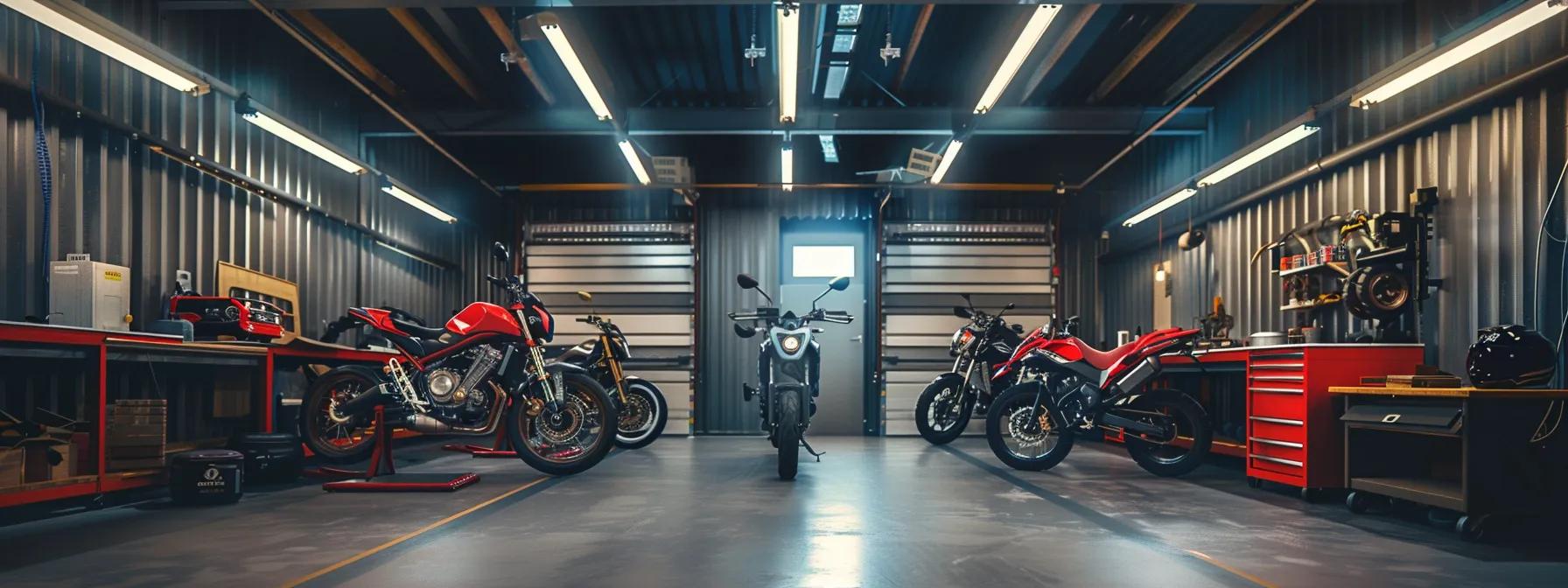 Safe Practices for Motorcycle and ATV Lifts: Expert Guidelines a sleek, modern workshop filled with a variety of motorcycle and atv lifts showcasing their hydraulic and pneumatic mechanisms under bright, focused overhead lighting.