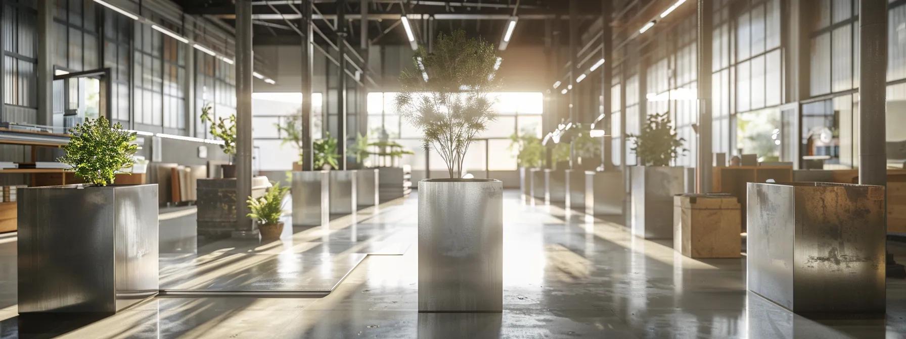 a sleek, modern workshop filled with polished metal landscape borders displayed on stylish pedestals, showcasing various finishes and textures under bright, focused lighting, highlight the durability and aesthetic appeal of customizable designs. a sleek, modern workshop filled with polished metal landscape borders displayed on stylish pedestals, showcasing various finishes and textures under bright, focused lighting, highlight the durability and aesthetic appeal of customizable designs.