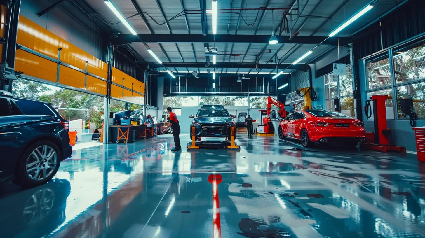 a sleek, modern workshop in balgowlah, bustling with local experts applying a glossy ceramic coating to a vehicle while showcasing tools and equipment designed for optimal protection against harsh environmental factors.