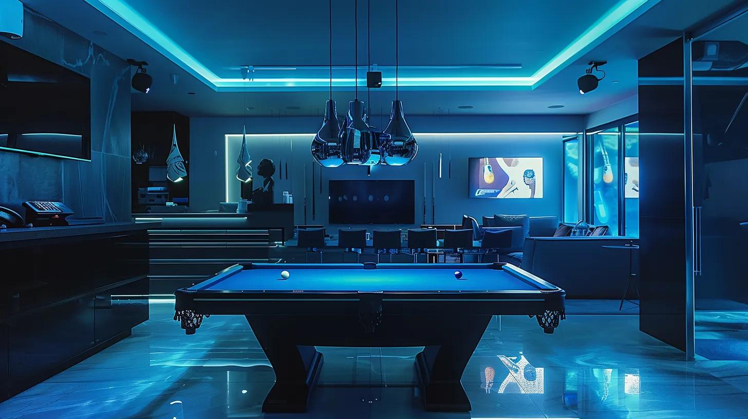 a sleek, modern workspace showcases advanced predator cues technology, with high-tech billiard equipment prominently displayed against a backdrop of polished surfaces and dynamic led lighting.