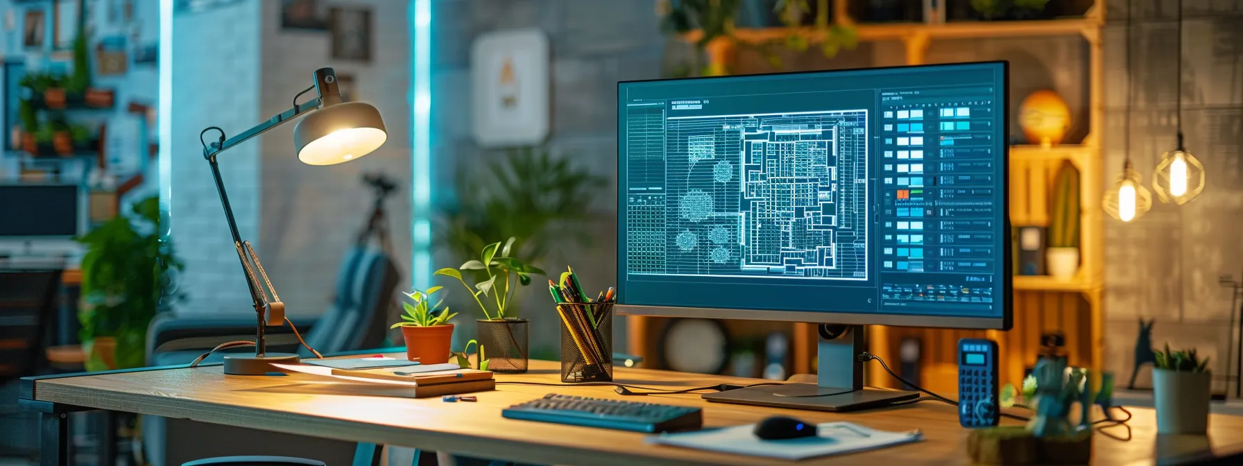 a sleek, modern workspace showcases a high-tech computer setup with architectural software open on the screen, complemented by strategic lighting that highlights detailed design blueprints spread out on the desk, emphasizing the focus on technical proficiency for successful online architecture courses.