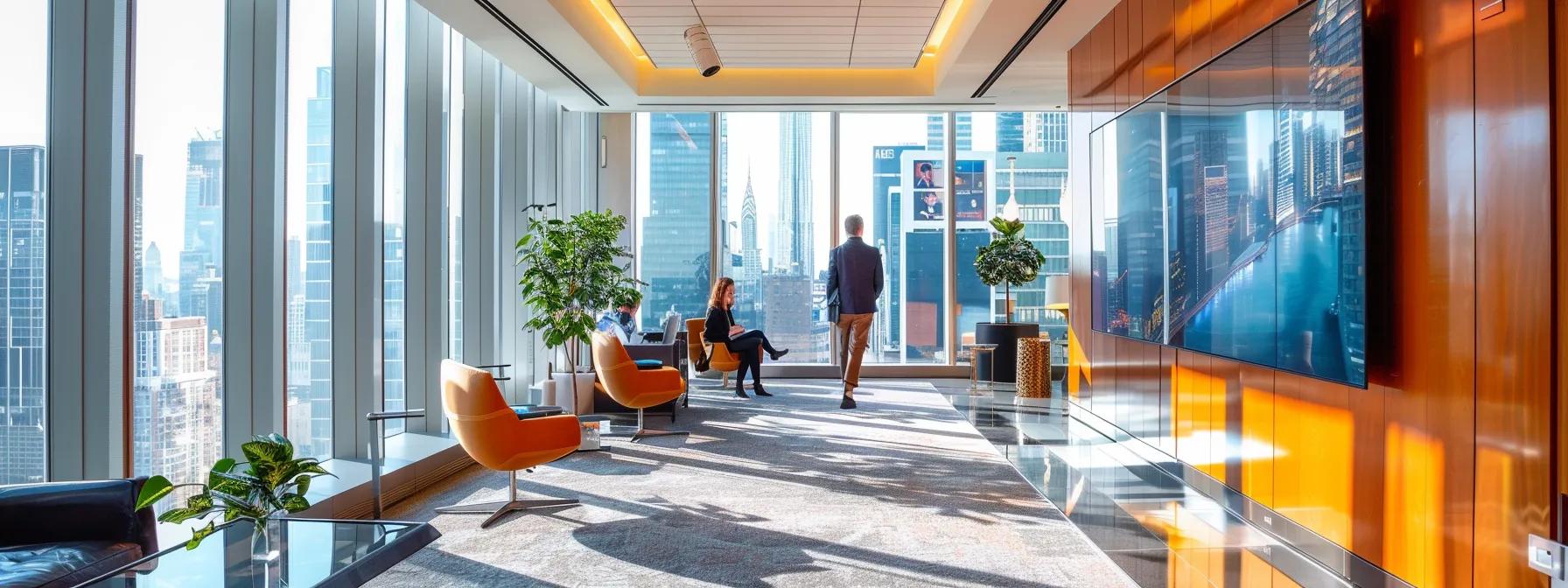 a sleek new york city office adorned with modern decor showcases a confident pr professional presenting a dynamic television strategy, highlighted by vibrant screens displaying brand narratives and bustling city views through floor-to-ceiling windows.