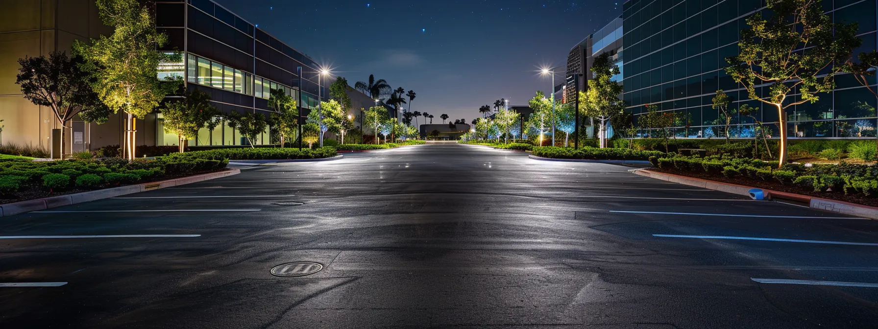a sleek, newly paved parking lot surrounded by modern hoa buildings in san diego, showcasing the smooth, dark asphalt surface glistening under artificial lighting, emphasizing the durability and innovation of quality asphalt paving solutions.