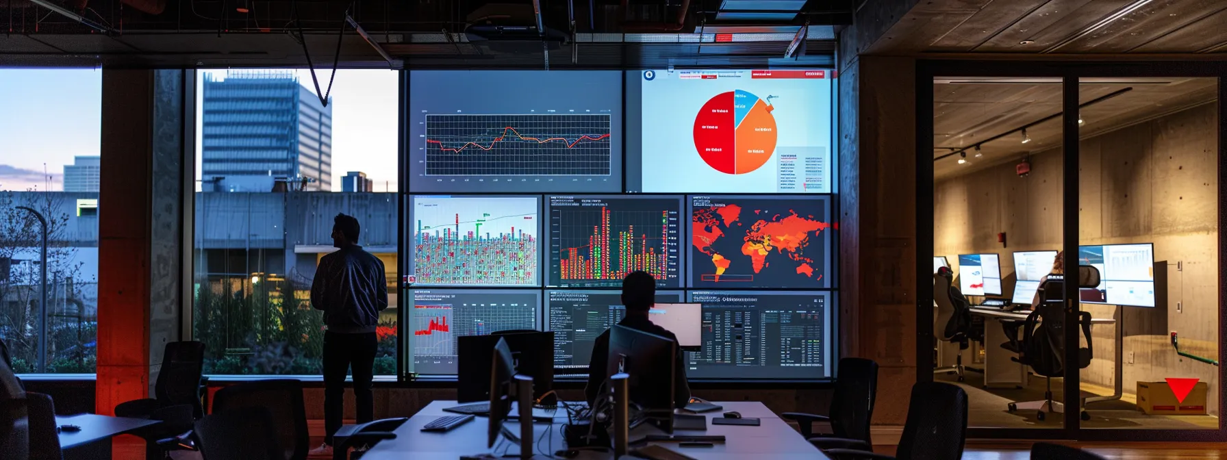 a sleek office environment featuring a digital marketing team collaborating over a vibrant dashboard displaying analytics and strategic planning for a demolition company, illuminated by modern overhead lighting.