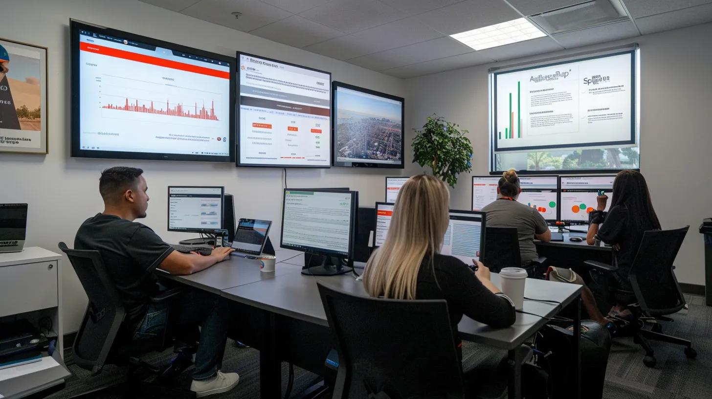 a sleek office environment showcases a digital marketing team engaged in a strategy session, surrounded by screens displaying local seo metrics and google my business profiles, with vibrant charts and graphs reflecting the impact of customer reviews and mobile optimization on their branding efforts. a sleek office environment showcases a digital marketing team engaged in a strategy session, surrounded by screens displaying local seo metrics and google my business profiles, with vibrant charts and graphs reflecting the impact of customer reviews and mobile optimization on their branding efforts.