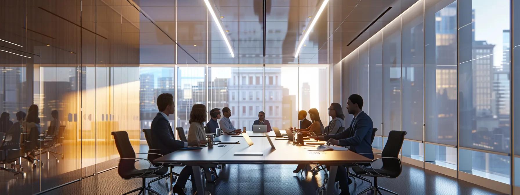 a sleek office meeting room featuring a large conference table, where a diverse group of professionals engage in a dynamic discussion about insurance policies and financing options for roofing costs, illuminated by modern overhead lighting. a sleek office meeting room featuring a large conference table, where a diverse group of professionals engage in a dynamic discussion about insurance policies and financing options for roofing costs, illuminated by modern overhead lighting.
