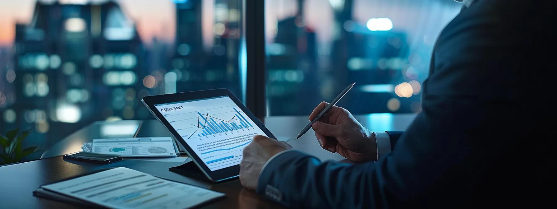 a sleek office setting showcasing a focused condominium buyer analyzing mortgage paperwork, with a close-up of a digital tablet displaying fluctuating interest rates and loan data on a minimalist desk against an urban skyline backdrop.