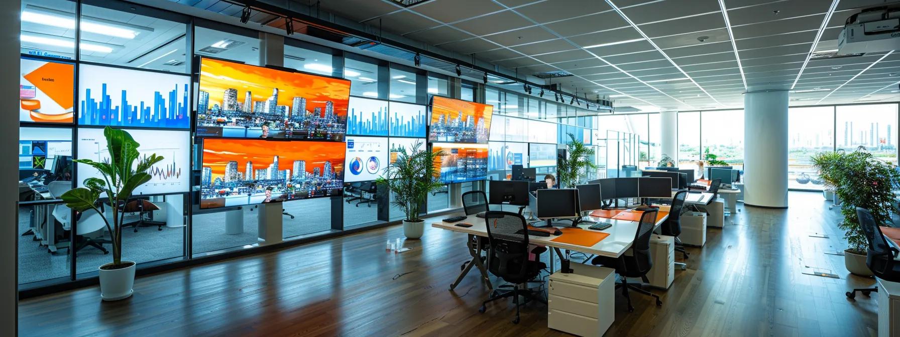a sleek office space brimming with vibrant digital screens displaying analytics and content strategies, highlighting the dynamic process of creating and distributing search-friendly content to a diverse audience.