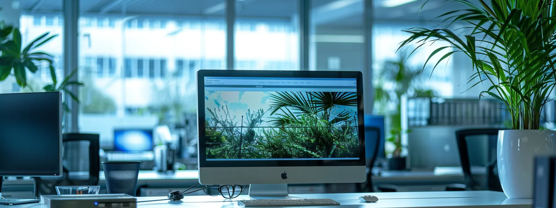 a sleek office workspace features a modern computer monitor displaying an innovative crm-integrated website for a pest control company, showcasing mobile responsiveness and engaging design elements that highlight emerging technologies. a sleek office workspace features a modern computer monitor displaying an innovative crm-integrated website for a pest control company, showcasing mobile responsiveness and engaging design elements that highlight emerging technologies.