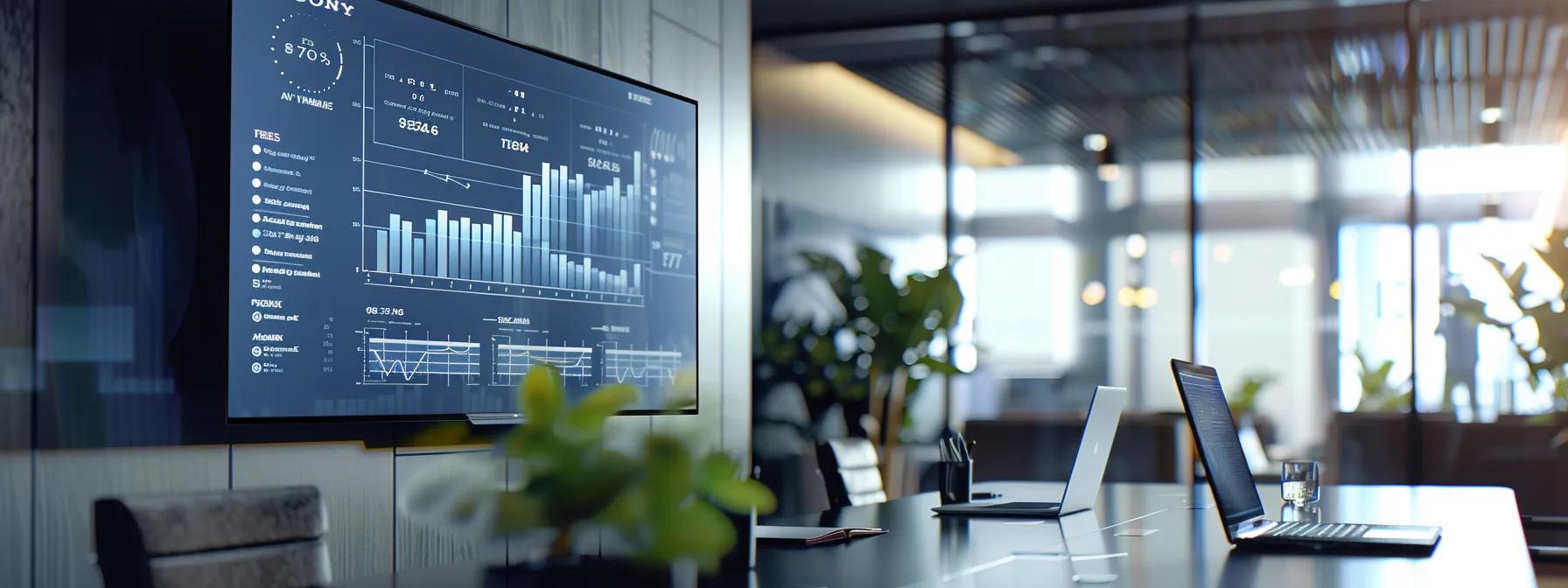 a sleek office workspace features a large screen displaying a dynamic comparison chart of mortgage offers, with a professional focused on analyzing the data under bright, modern lighting.