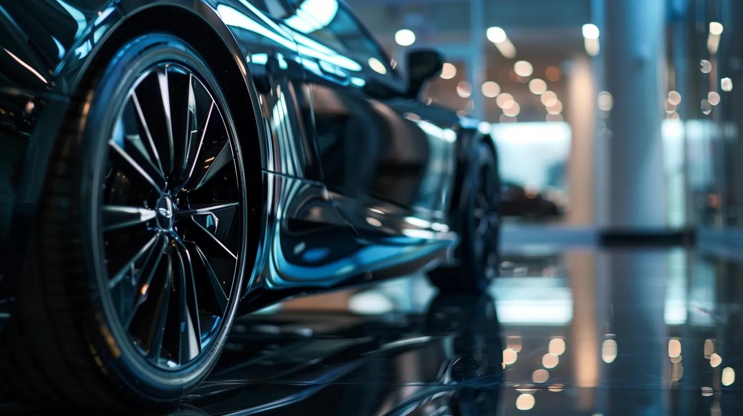 a sleek, polished car glistens under bright showroom lights, showcasing its high-gloss ceramic coating that highlights durability and protection against environmental contaminants.