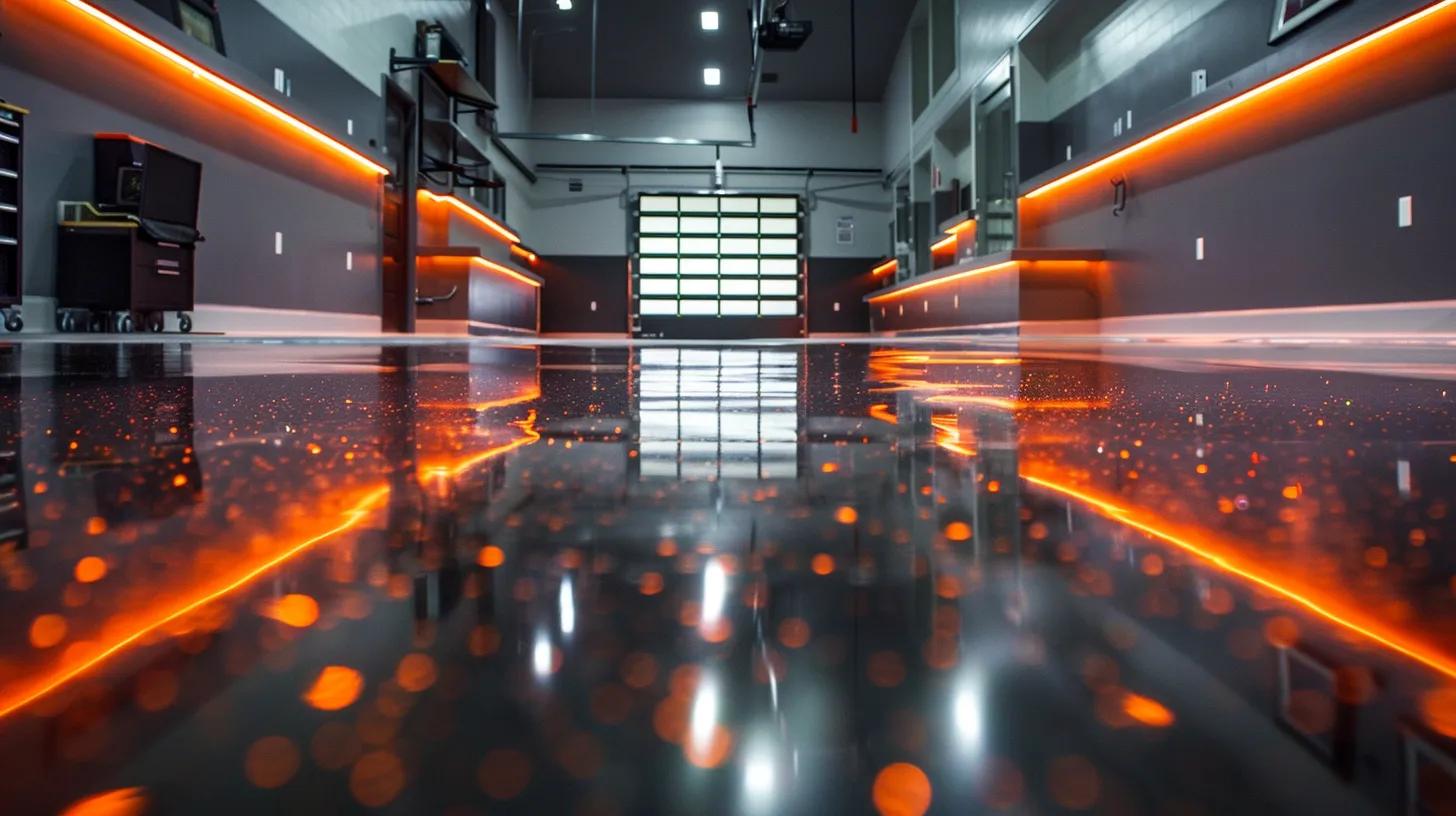 a sleek, polished epoxy resin garage floor gleams under warm, overhead lighting, showcasing a vibrant blend of colors and patterns that highlight its stunning transformation from a dull concrete surface to an aesthetically pleasing, high-performance space. a sleek, polished epoxy resin garage floor gleams under warm, overhead lighting, showcasing a vibrant blend of colors and patterns that highlight its stunning transformation from a dull concrete surface to an aesthetically pleasing, high-performance space.