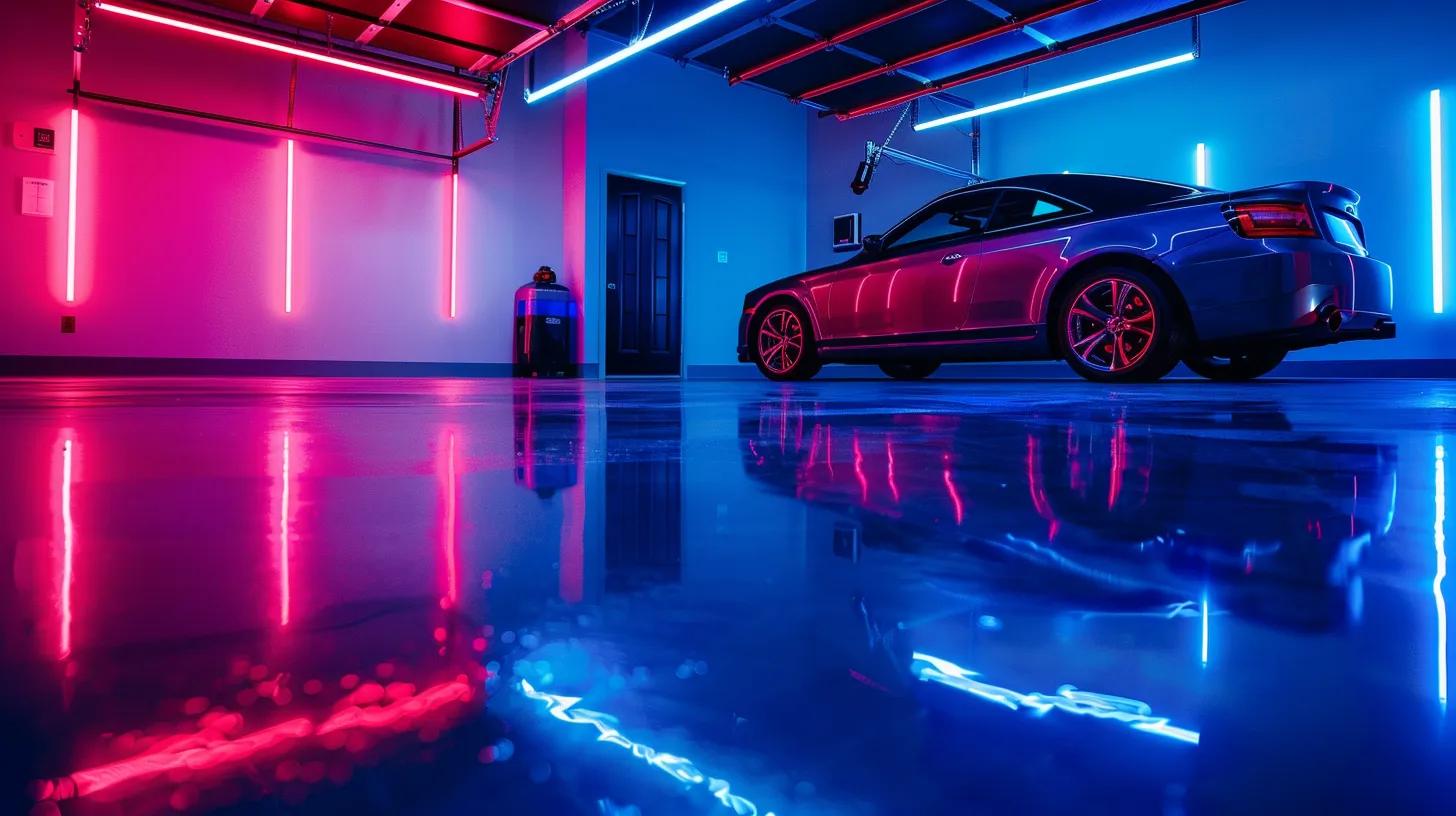 a sleek, polished epoxy resin garage floor gleams under warm, ambient lighting, showcasing its vibrant colors and reflective surface that transforms the space into a stylish and functional area. a sleek, polished epoxy resin garage floor gleams under warm, ambient lighting, showcasing its vibrant colors and reflective surface that transforms the space into a stylish and functional area.