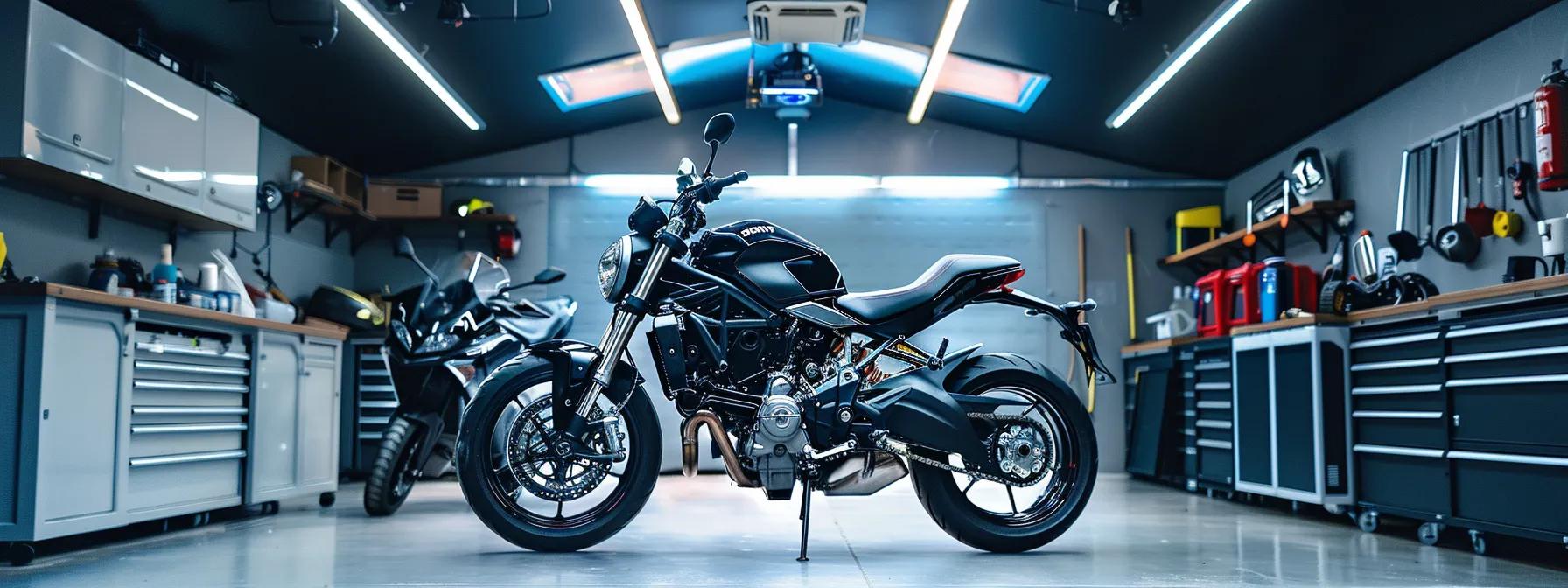 a sleek, polished motorcycle and atv lift stands prominently in a modern garage, illuminated by bright overhead lights that highlight its robust engineering and industrial design.