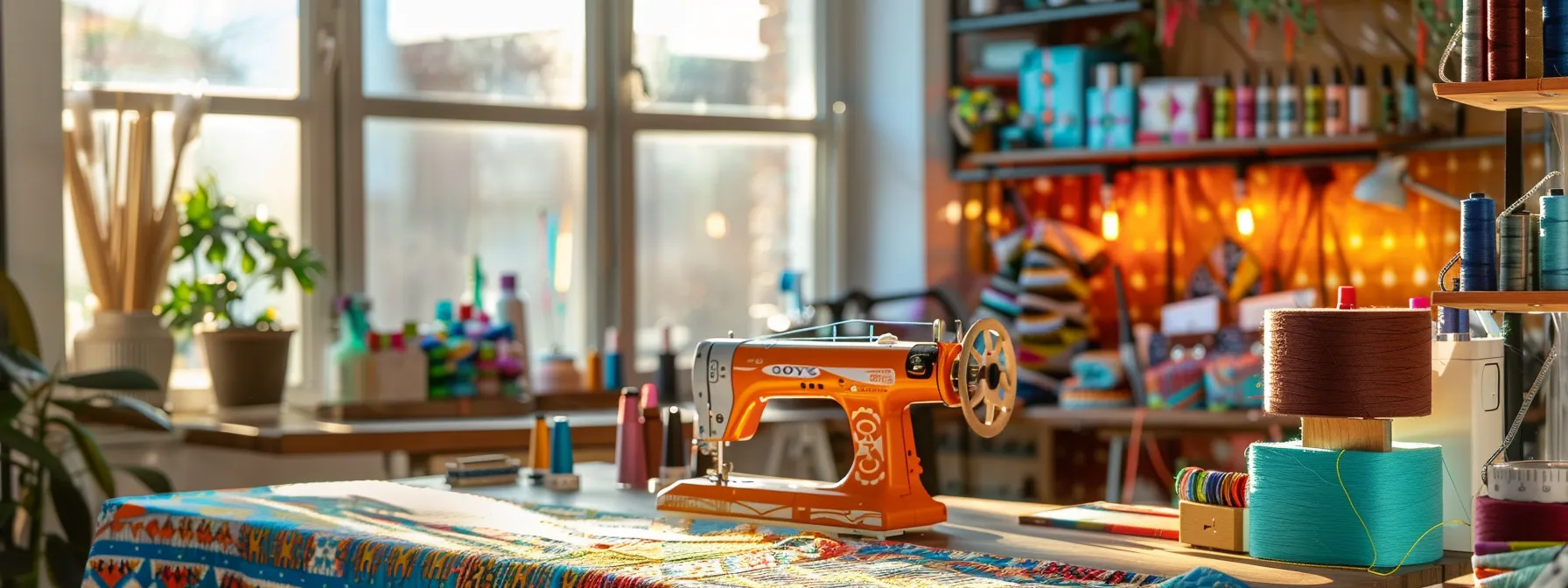a sleek quilting sewing machine adorned with an array of intricate stitch patterns is prominently displayed in a well-lit, modern sewing studio, surrounded by vibrant fabrics and quilting supplies that inspire creativity and craftsmanship. a sleek quilting sewing machine adorned with an array of intricate stitch patterns is prominently displayed in a well-lit, modern sewing studio, surrounded by vibrant fabrics and quilting supplies that inspire creativity and craftsmanship.