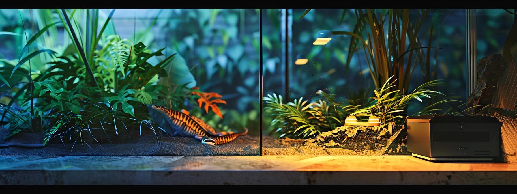 a sleek reptile enclosure showcases a meticulously designed thermal gradient, featuring a vibrant basking area illuminated by a modern heat lamp, contrasted against cooler zones in a stylish, minimalistic indoor space. a sleek reptile enclosure showcases a meticulously designed thermal gradient, featuring a vibrant basking area illuminated by a modern heat lamp, contrasted against cooler zones in a stylish, minimalistic indoor space.