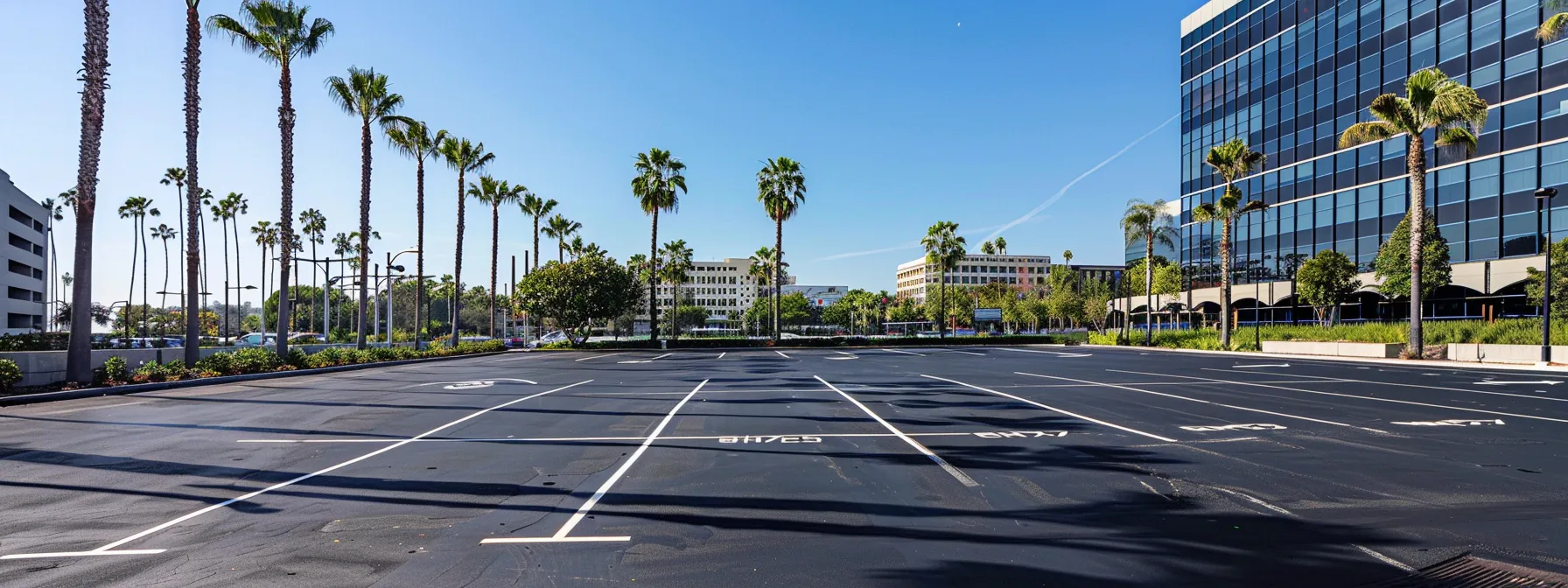 a sleek san diego asphalt parking lot, freshly coated with a glossy sealant under bright overhead lights, emphasizes the contrast between the vibrant black surface and the surrounding urban architecture, illustrating the crucial protective benefits of seal coating in a metropolitan environment.