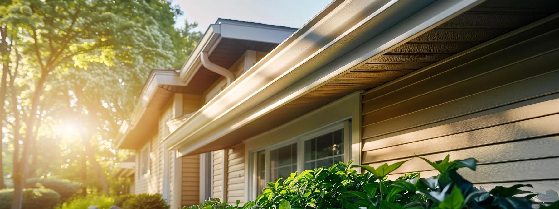 a sleek suburban home showcases a modern seamless gutter system, highlighting its protective role against water damage with dramatic shadows cast by strategically placed outdoor lighting. a sleek suburban home showcases a modern seamless gutter system, highlighting its protective role against water damage with dramatic shadows cast by strategically placed outdoor lighting.