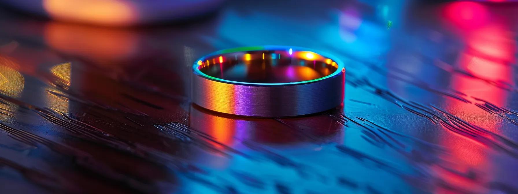 a sleek titanium wedding band sits prominently on a modern wooden desk, reflecting a spectrum of vibrant anodized colors under the warm glow of overhead office lighting, symbolizing strength and versatility for active couples. a sleek titanium wedding band sits prominently on a modern wooden desk, reflecting a spectrum of vibrant anodized colors under the warm glow of overhead office lighting, symbolizing strength and versatility for active couples.