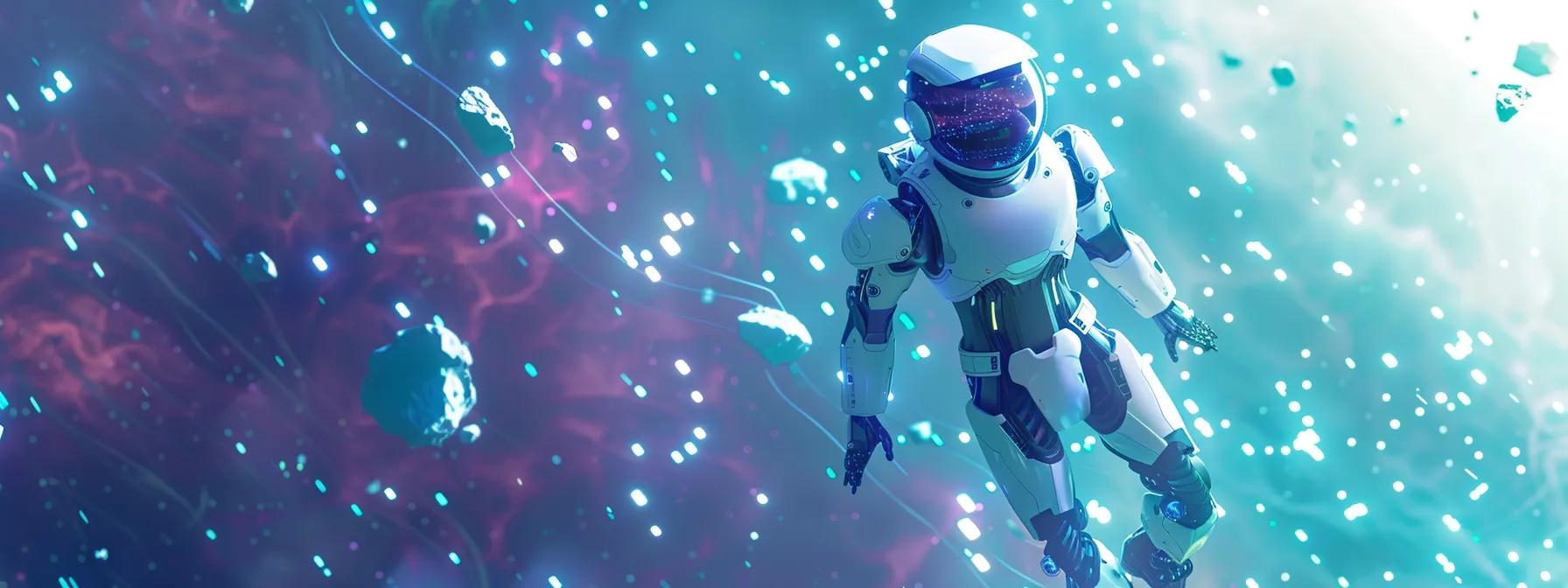 a sleek, ultra-realistic ai robot floats serenely in a vibrant cosmic expanse, surrounded by swirling data streams and luminescent particles, illuminated in a captivating palette of white and teal with striking purple accents.