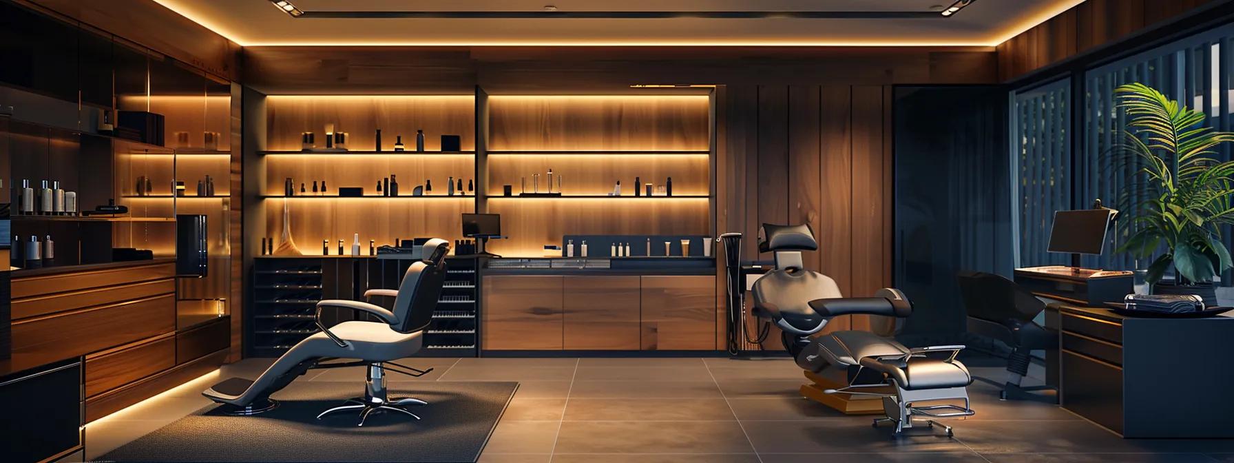 a sleek, upscale salon interior showcases a brow lamination treatment station with an array of professional tools and products artfully arranged, while a client is seated comfortably, illuminated by warm, ambient lighting, creating an inviting atmosphere for beauty and self-care.