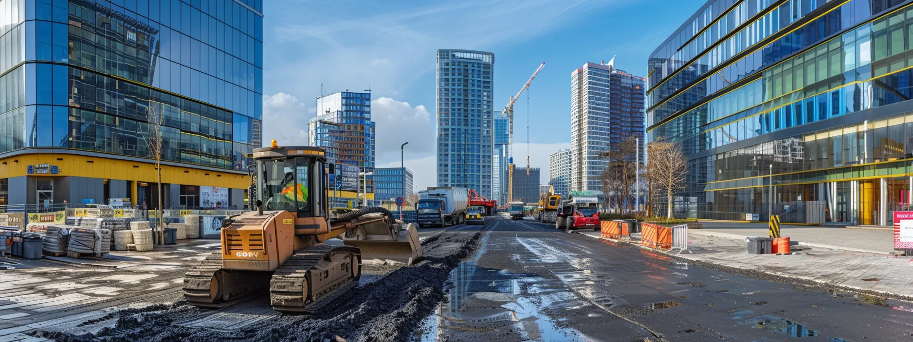 a sleek urban construction site features heavy machinery meticulously grading asphalt against a backdrop of modern buildings, highlighting the precision and professionalism required for effective pavement preparation and installation.