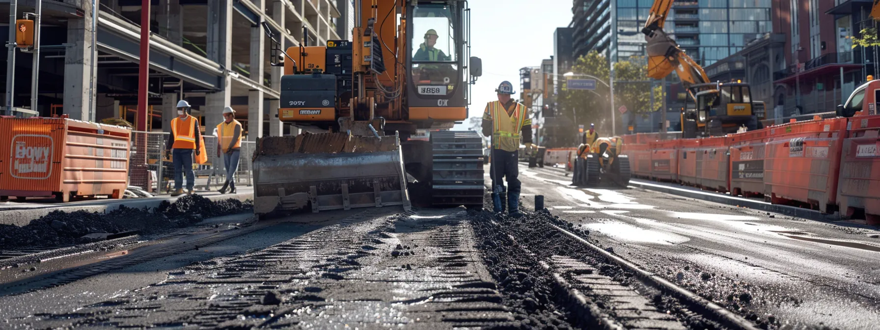 a sleek urban construction site features workers analyzing samples of recycled asphalt and concrete, with modern machinery and eco-friendly signage, underscoring the importance of sustainable paving choices for effective water management.