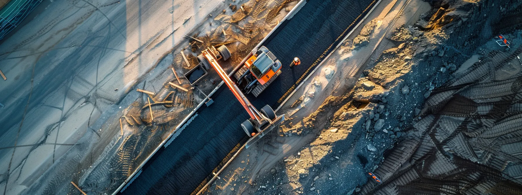 a sleek urban construction site in riverside showcases a modern asphalt paving team working alongside concrete specialists, with vibrant machinery and recently laid surfaces highlighting the distinct advantages and innovations in both materials.