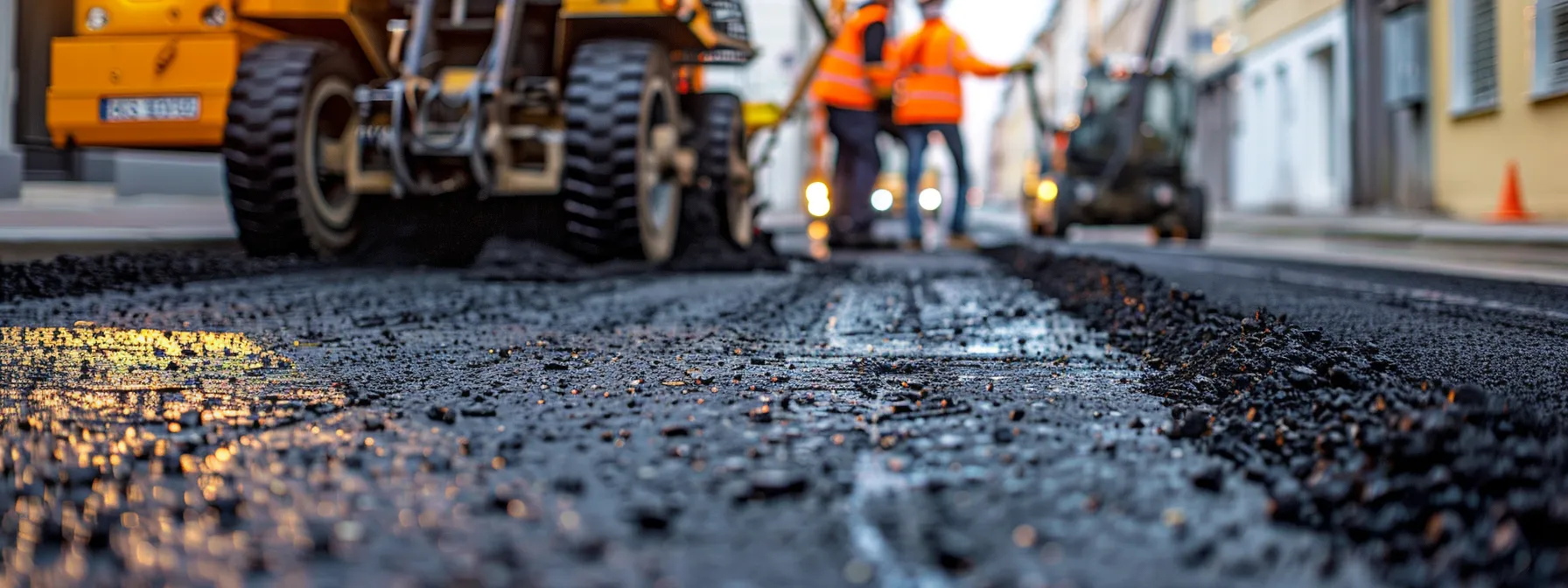 a sleek urban construction site showcases a team of professionals evaluating a freshly paved asphalt driveway, highlighting the rich black surface contrasted against the concrete surroundings and vivid equipment, emphasizing the material's robustness and suitability for riverside projects.