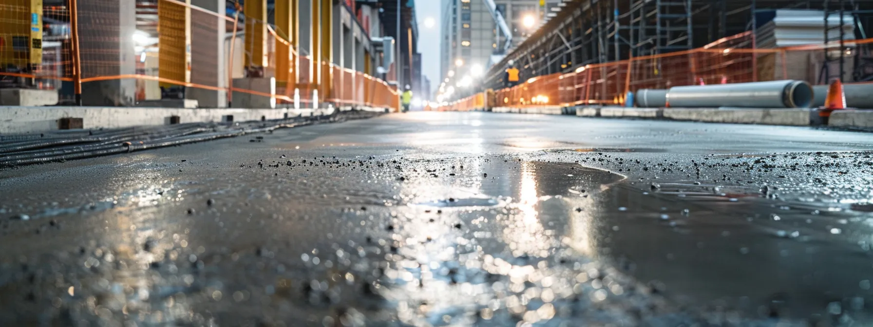 a sleek urban construction site showcases a row of freshly poured concrete pavements, emphasizing their smooth finish and durability under bright overhead work lights, highlighting the transformative role of concrete in modern infrastructure.