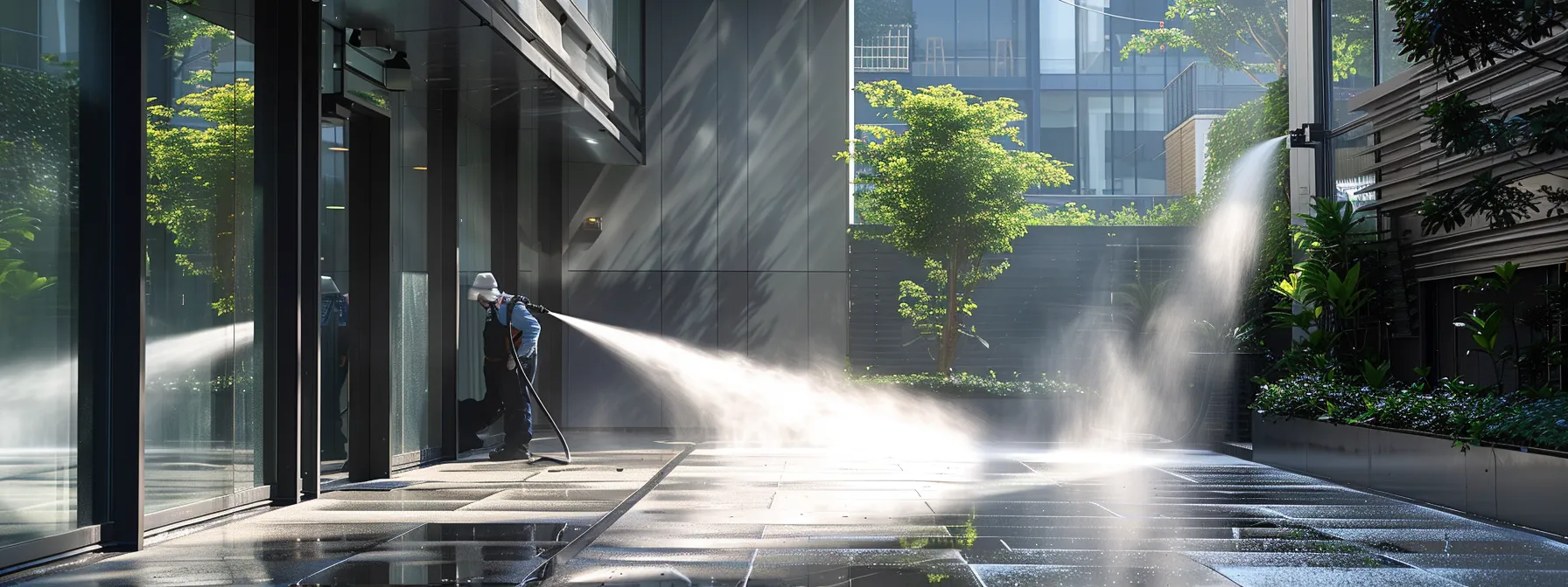 a sleek urban courtyard features a skilled technician using advanced power washing equipment to efficiently clean textured hardscapes, highlighting the contrast between the spotless surfaces and the surrounding elegant architecture under bright, even artificial lighting. a sleek urban courtyard features a skilled technician using advanced power washing equipment to efficiently clean textured hardscapes, highlighting the contrast between the spotless surfaces and the surrounding elegant architecture under bright, even artificial lighting.