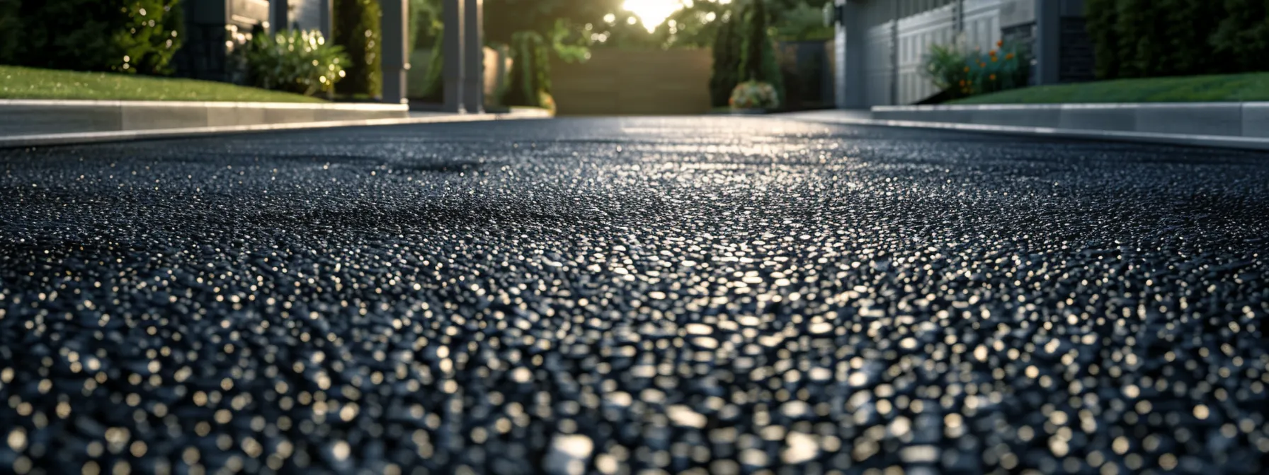 a sleek urban driveway showcases a freshly laid, dark asphalt surface with clear markings of load-bearing tests and aesthetic samples displayed prominently, highlighting the blend of durability and visual appeal in modern residential design.