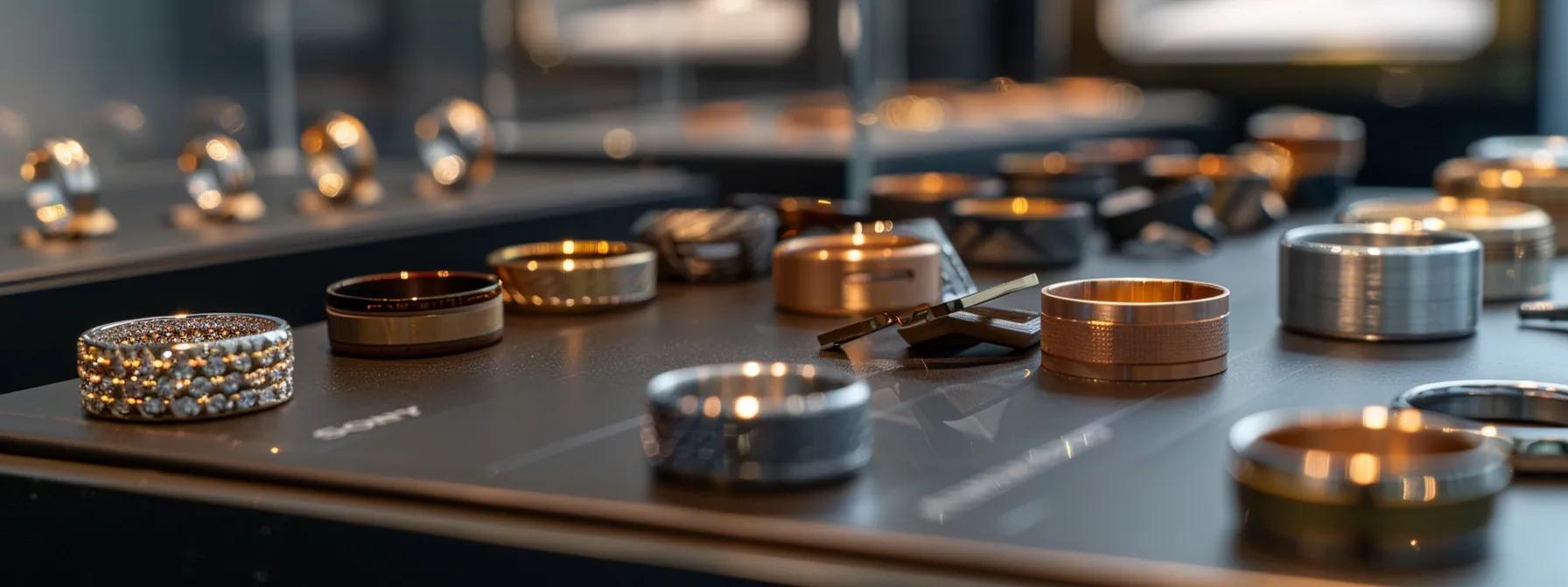 a sleek urban jewelry studio features a luxurious display of various titanium rings in stunning anodized colors, showcasing their contemporary elegance and intricate designs under soft, focused lighting. a sleek urban jewelry studio features a luxurious display of various titanium rings in stunning anodized colors, showcasing their contemporary elegance and intricate designs under soft, focused lighting.