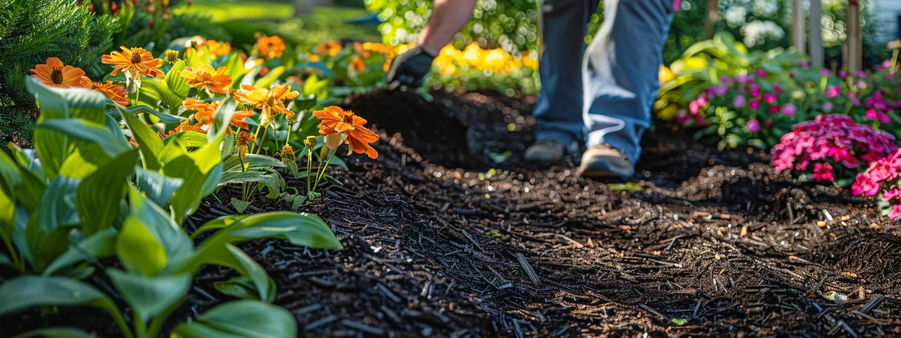 a sleek urban landscape shows a professional team skillfully installing vibrant, dark mulch around meticulously arranged flower beds in a well-maintained st. cloud garden, emphasizing the transformation and enhancement of curb appeal through expert landscaping services. a sleek urban landscape shows a professional team skillfully installing vibrant, dark mulch around meticulously arranged flower beds in a well-maintained st. cloud garden, emphasizing the transformation and enhancement of curb appeal through expert landscaping services.