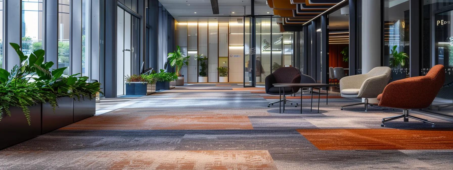 a sleek urban office space features vibrant harwearing carpets in diverse textures and colors, accentuating a modern design aesthetic while showcasing the latest sustainable and high-performance flooring innovations in a well-lit, professional environment. a sleek urban office space features vibrant harwearing carpets in diverse textures and colors, accentuating a modern design aesthetic while showcasing the latest sustainable and high-performance flooring innovations in a well-lit, professional environment.