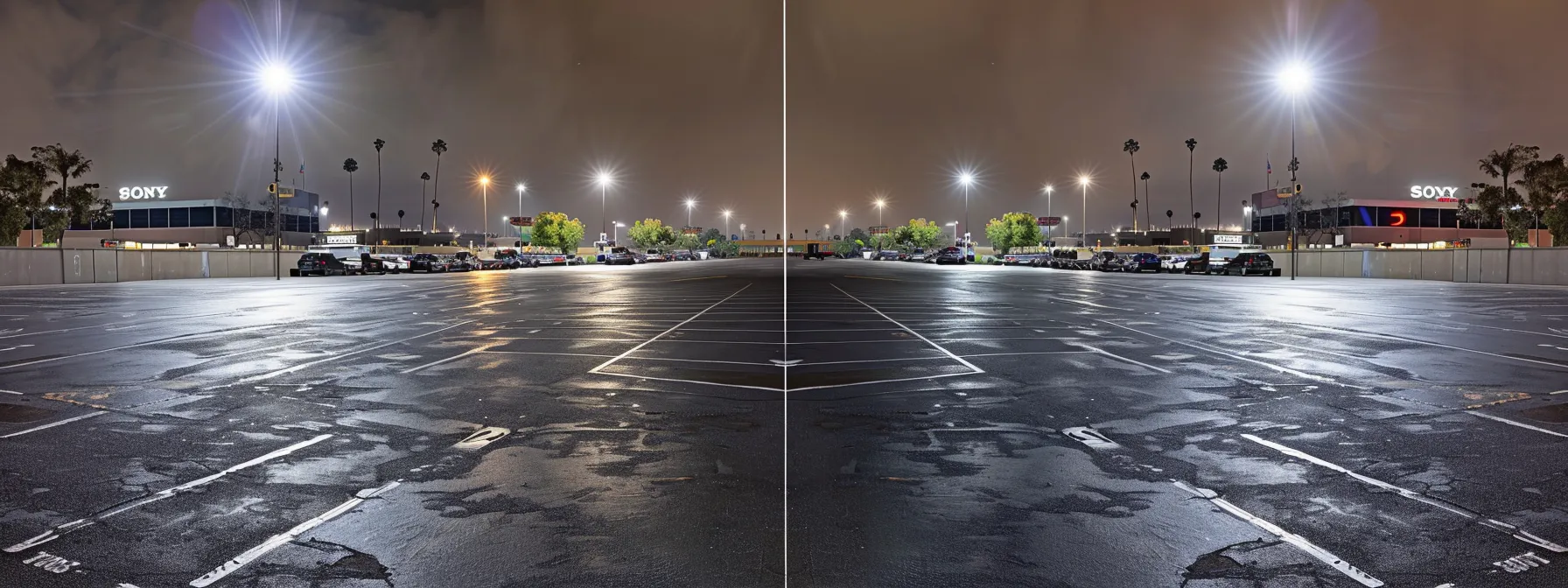 a sleek urban parking lot in san diego showcases a recently seal-coated surface, with side-by-side comparisons of vivid before-and-after visuals highlighting the transformation and durability of the pavement under bright artificial lighting.