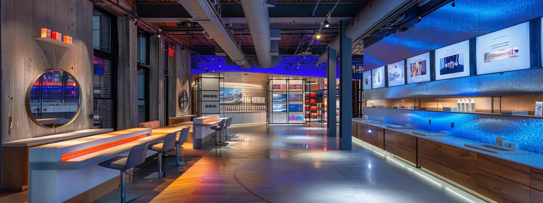 a sleek urban salon interior in lower manhattan, featuring elegantly arranged styling stations and a digital booking kiosk, reflecting an atmosphere of professionalism and modernity, while wall displays showcase client testimonials and treatment options.